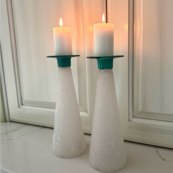 RARE Vintage Toyo Candle Holders, Scavo Glass, Verdigris Bronze, Exc. Cond - Picture 3 of 11